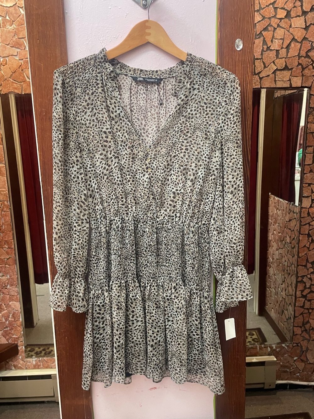 Zara Black and White Printed Long-Sleeve Smock Dress